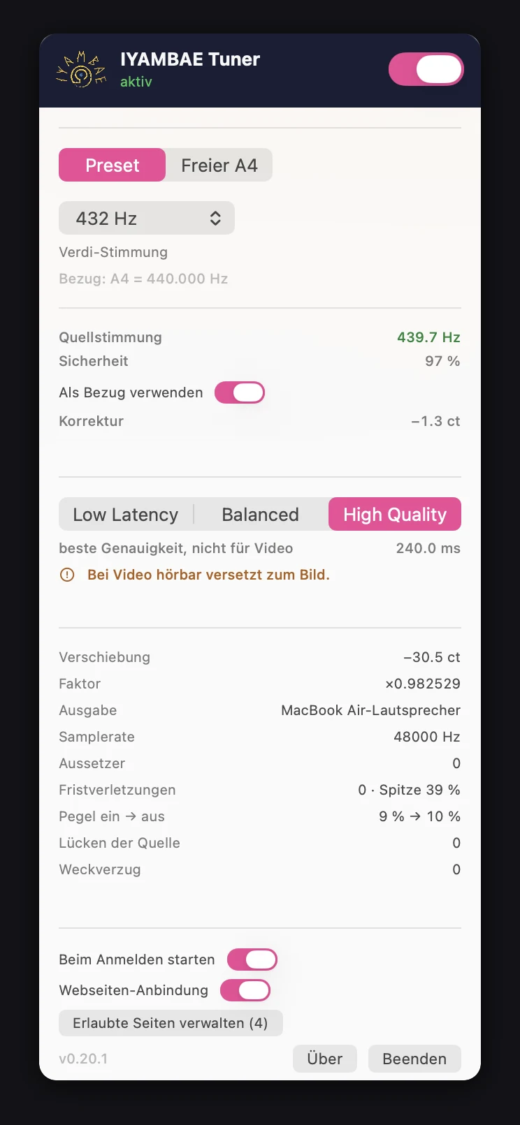 The IYAMBAE Tuner’s menu-bar panel on macOS: at the top the switch that turns it on and off, below it the chosen pitch of 432 Hz as the Verdi tuning, then the measured pitch of the music that is playing — 439.7 Hz at 97 per cent confidence — and the correction worked out from it.