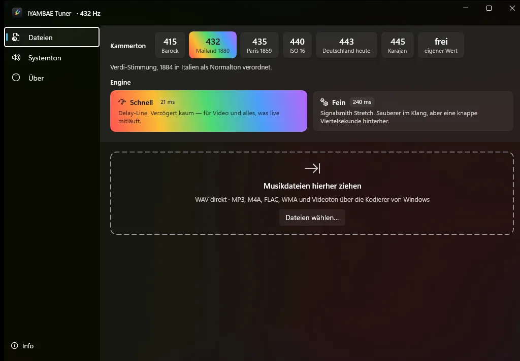 Windows 版 IYAMBAE Tuner のウィンドウ。415 Hz から 445 Hz までの基準音が並び、選択中の 432 がグラデーションで強調され、その下に音楽ファイルをドロップする領域がある。
